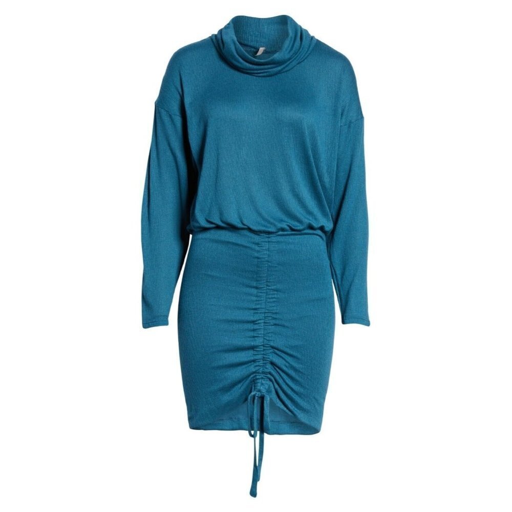 NWT Free People Sundown Mini in Dark Green Cowl Neck Ruched Hem Knit Dress XS - Picture 1 of 5